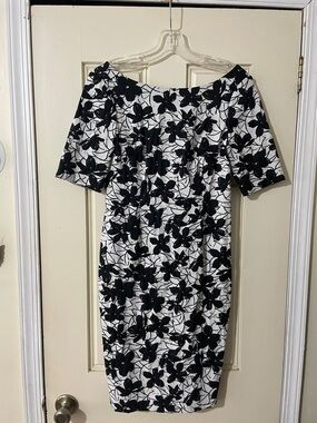 Calvin Klein Black and White Floral Sheath Midi Dress